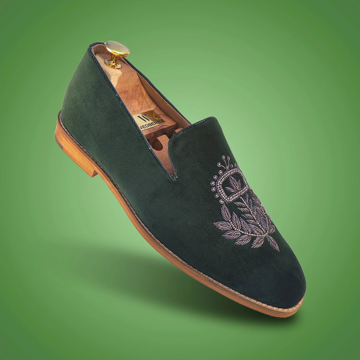 Forest Green Velvet Zardozi Wedding Ethic Shoes for Men
