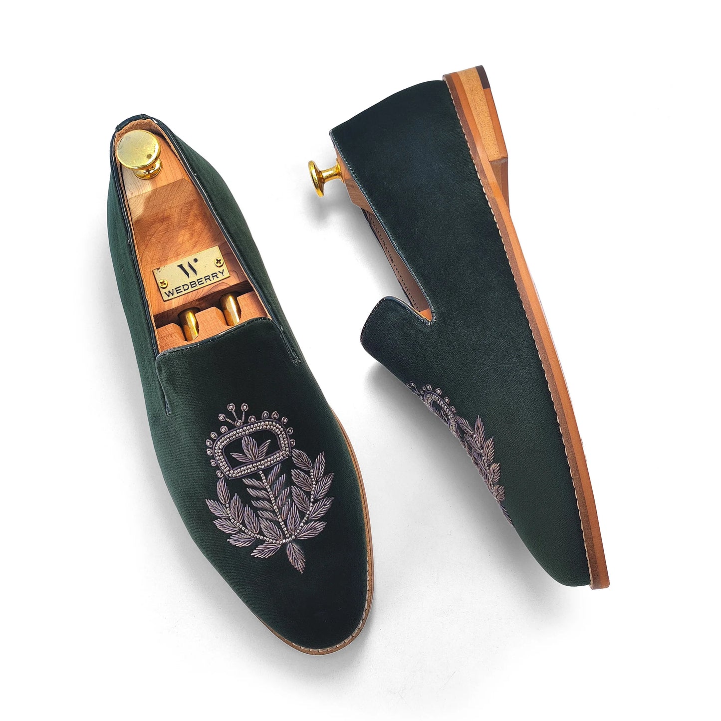 Forest Green Velvet Zardozi Wedding Ethic Shoes for Men
