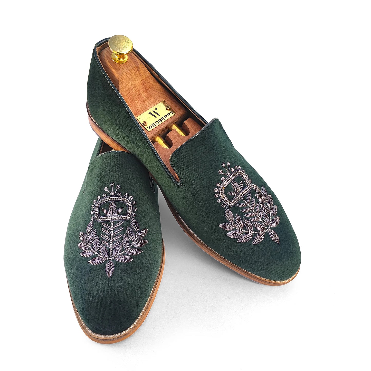 Forest Green Velvet Zardozi Wedding Ethic Shoes for Men