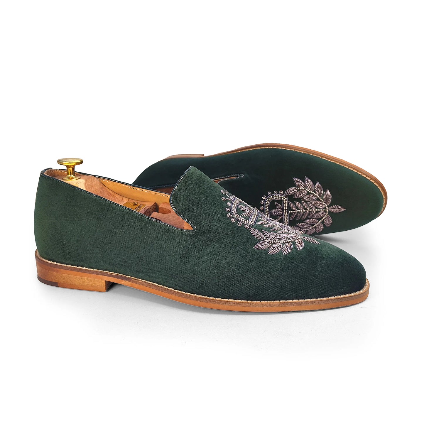 Forest Green Velvet Zardozi Wedding Ethic Shoes for Men