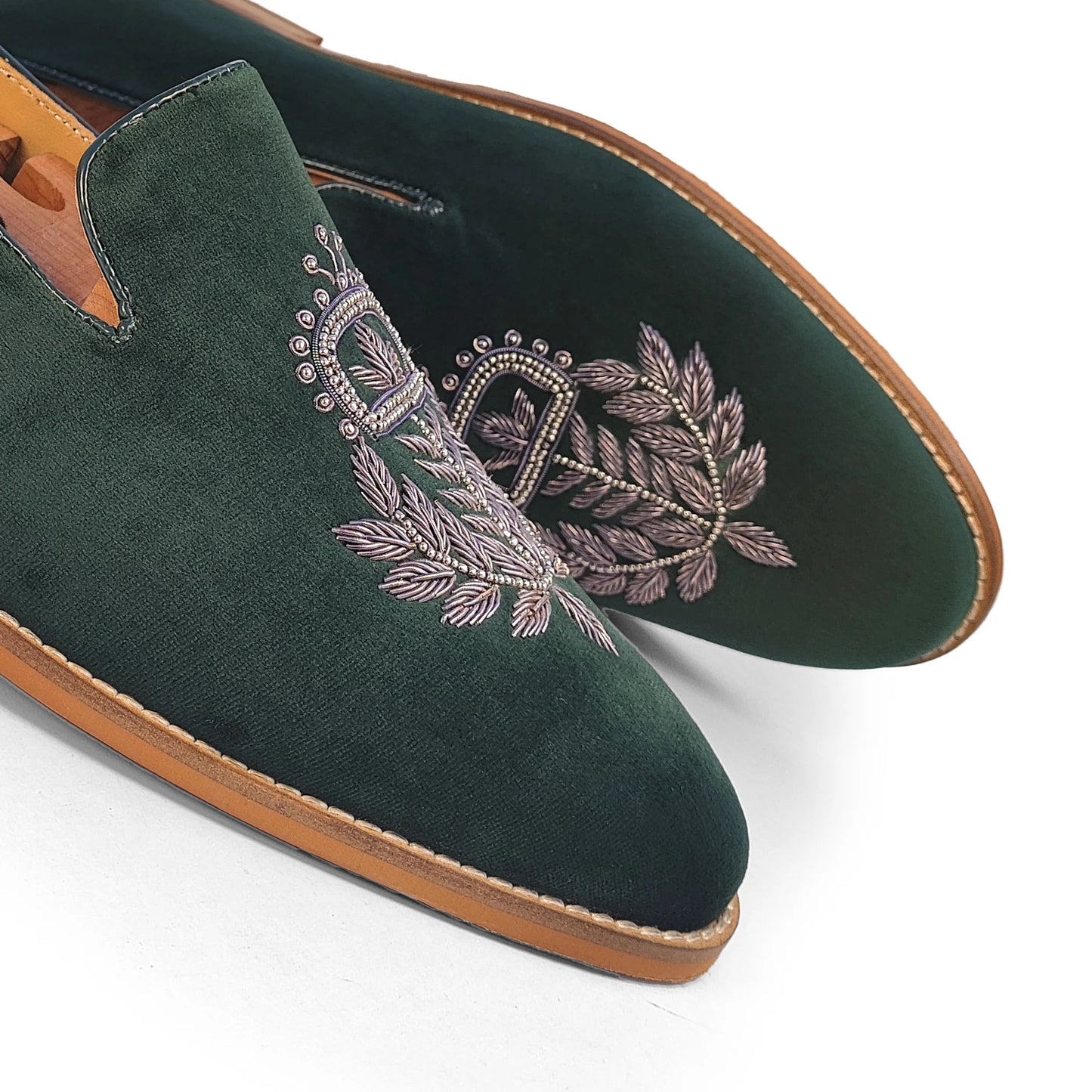 Forest Green Velvet Zardozi Wedding Ethic Shoes for Men