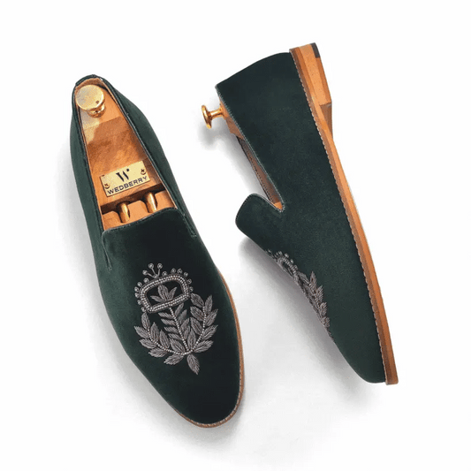 Forest Green Velvet Zardozi Wedding Ethic Shoes for Men