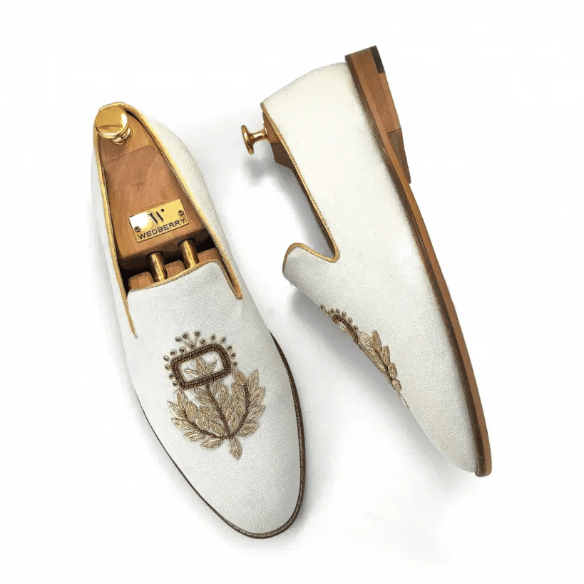Off White Gold Zardozi Handwork Wedding Shoes Ethnic Shoes for Men