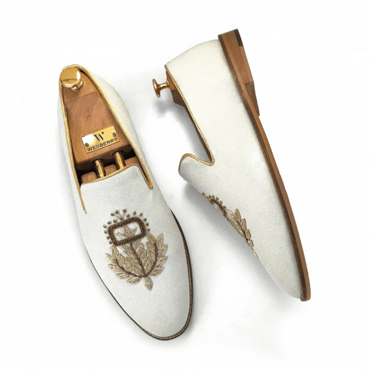 Off White Gold Zardozi Handwork Wedding Shoes Ethnic Shoes for Men