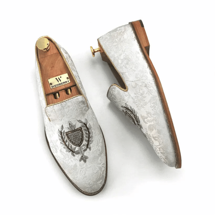 White Brocket with Zardozi Handwork Wedding Shoes Ethnic Shoes for Men