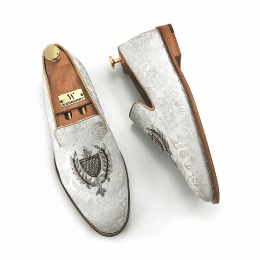 White Brocket with Zardozi Handwork Wedding Shoes Ethnic Shoes for Men