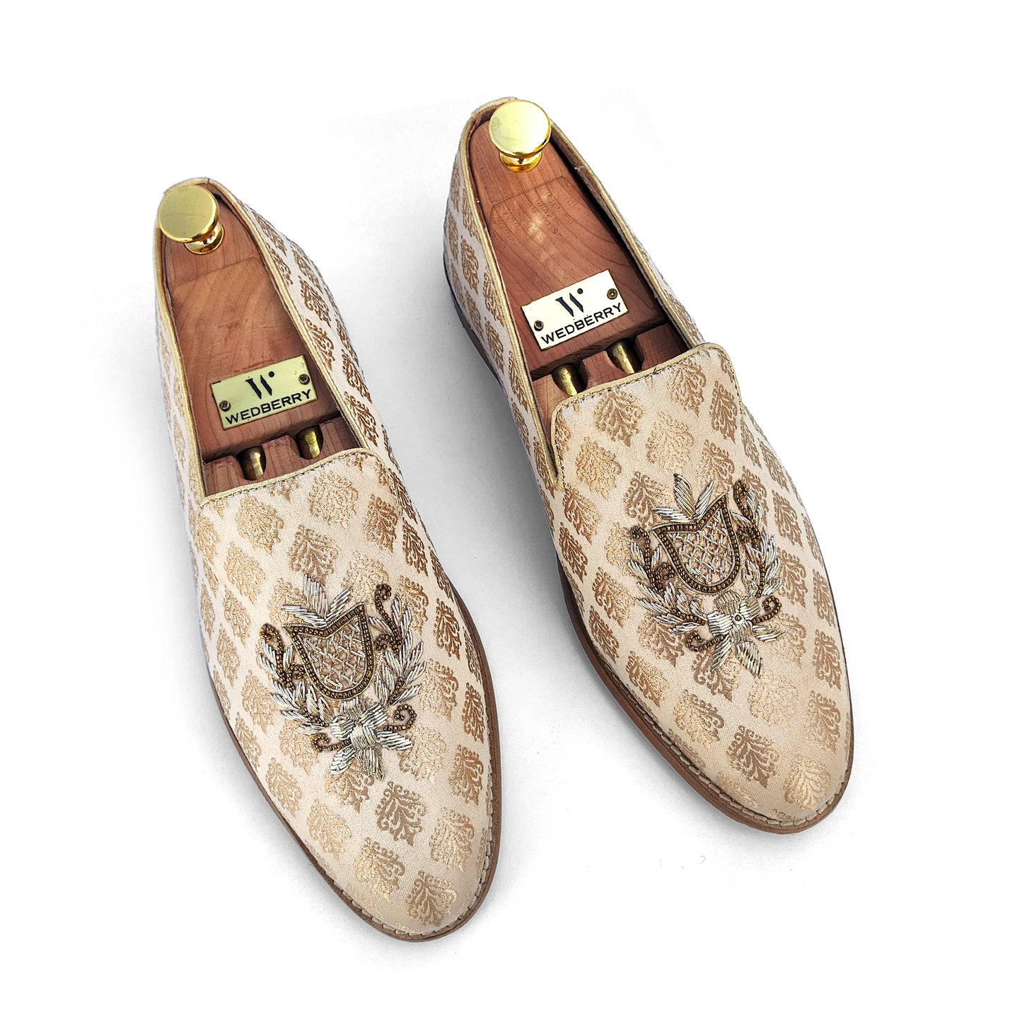 Biege Gold Light Gold Zardozi Handwork Wedding Shoes Ethnic Loafers for Men