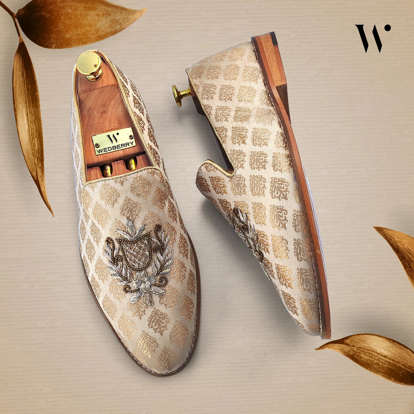 Biege Gold Light Gold Zardozi Handwork Wedding Shoes Ethnic Loafers for Men