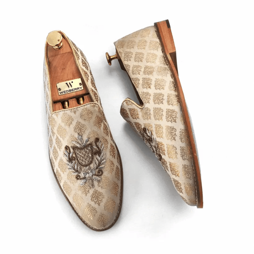 Biege Gold Light Gold Zardozi Handwork Wedding Shoes Ethnic Loafers for Men