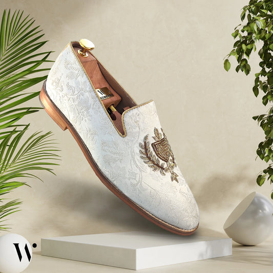 White Zardozi Handwork Wedding Shoes for Men