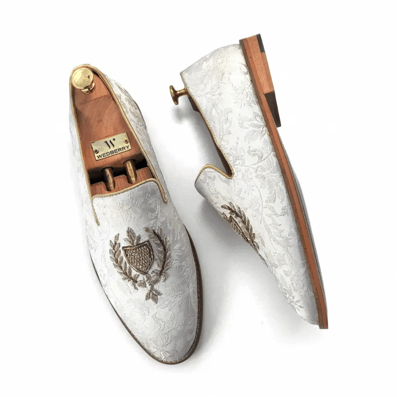 White Zardozi Handwork Wedding Shoes for Men