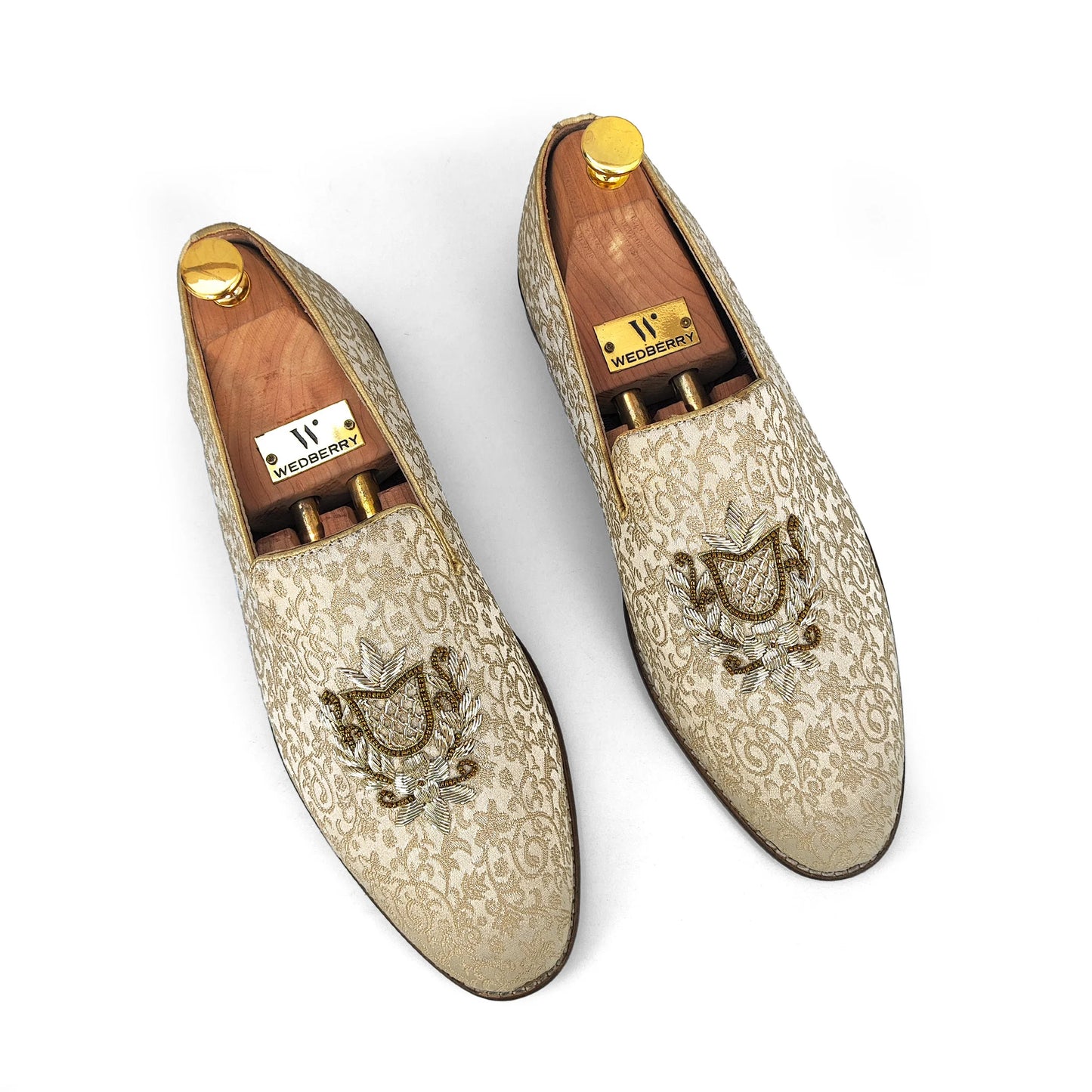 Beige Brocket Light Gold Zardozi Handwork Wedding Shoes Ethnic Loafers for Men