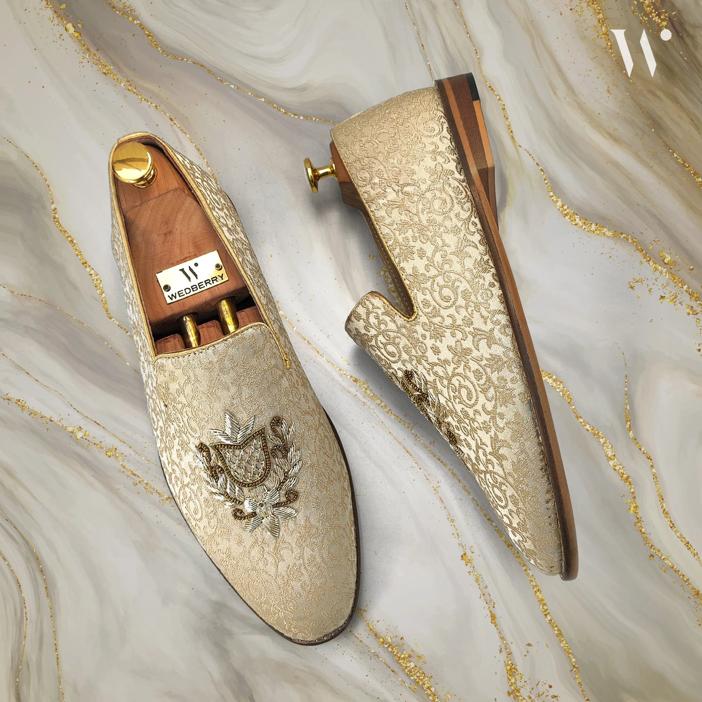 Beige Brocket Light Gold Zardozi Handwork Wedding Shoes Ethnic Loafers for Men