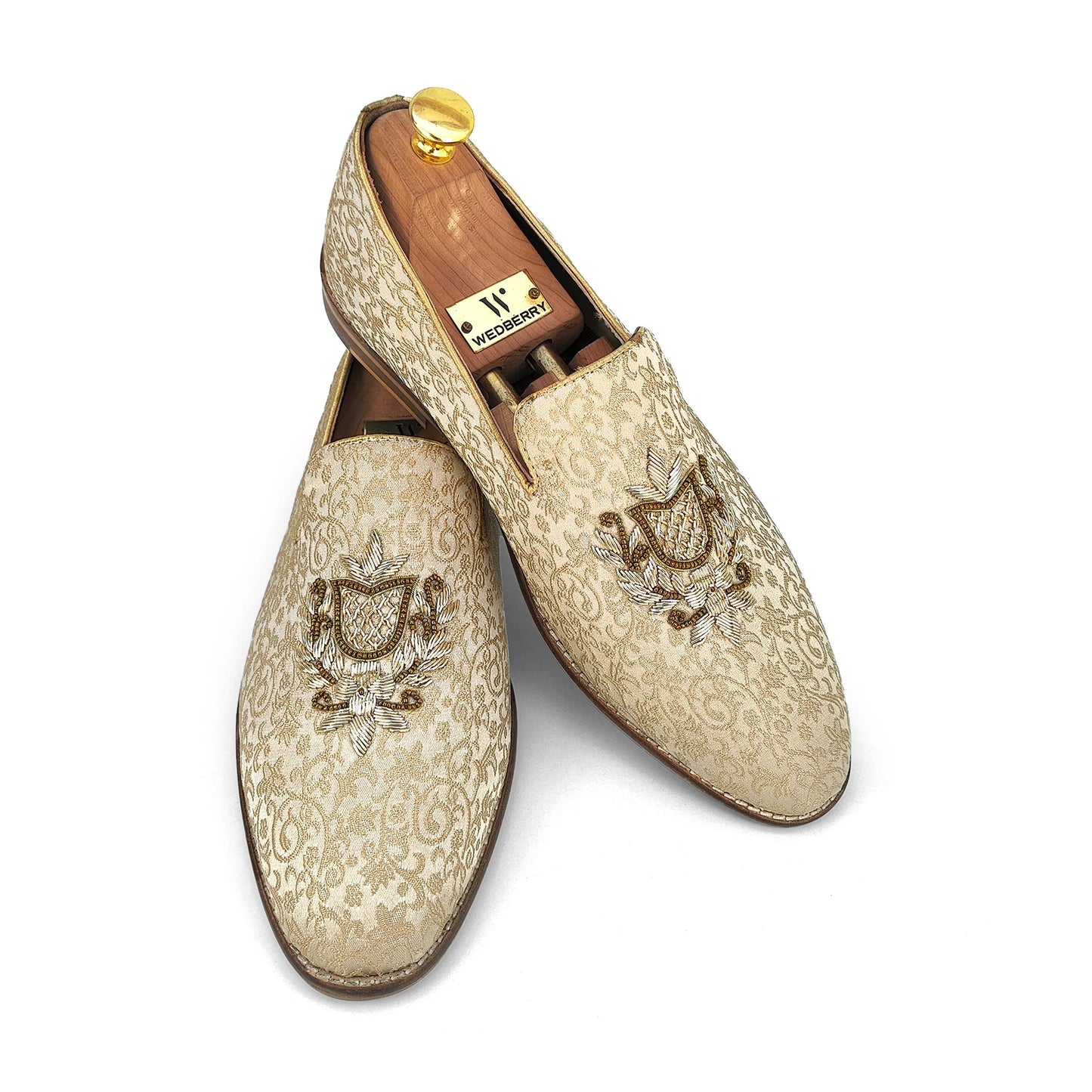 Beige Brocket Light Gold Zardozi Handwork Wedding Shoes Ethnic Loafers for Men