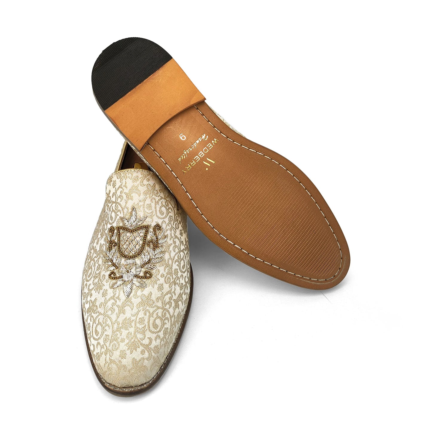 Beige Brocket Light Gold Zardozi Handwork Wedding Shoes Ethnic Loafers for Men