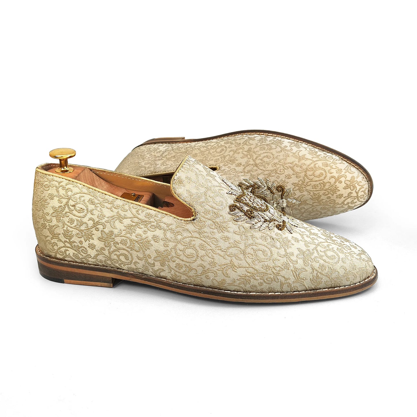 Beige Brocket Light Gold Zardozi Handwork Wedding Shoes Ethnic Loafers for Men