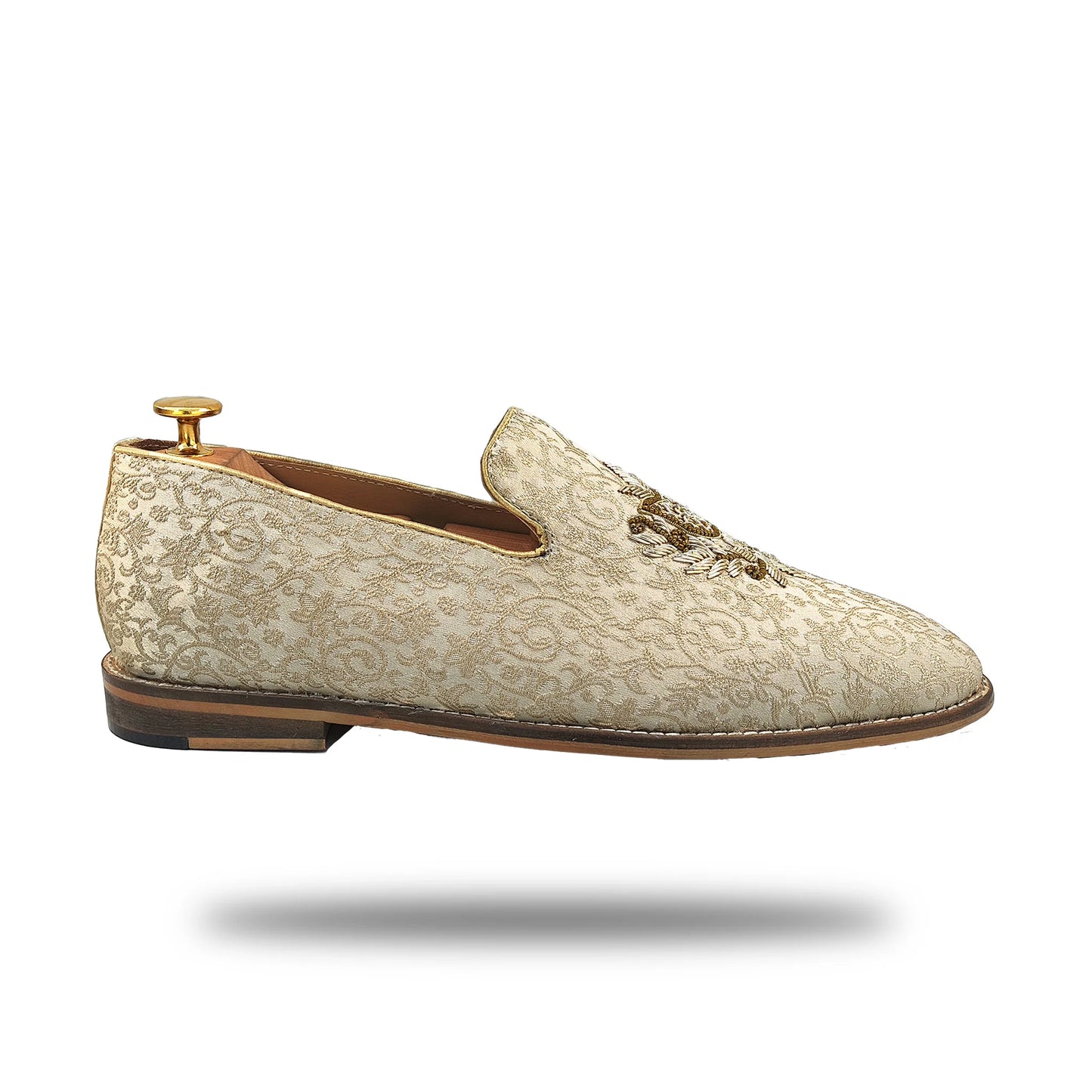 Beige Brocket Light Gold Zardozi Handwork Wedding Shoes Ethnic Loafers for Men
