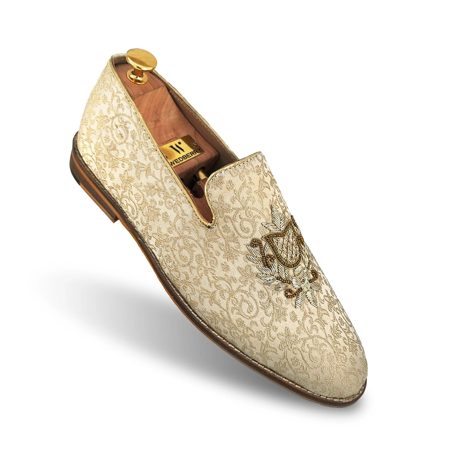 Beige Brocket Light Gold Zardozi Handwork Wedding Shoes Ethnic Loafers for Men
