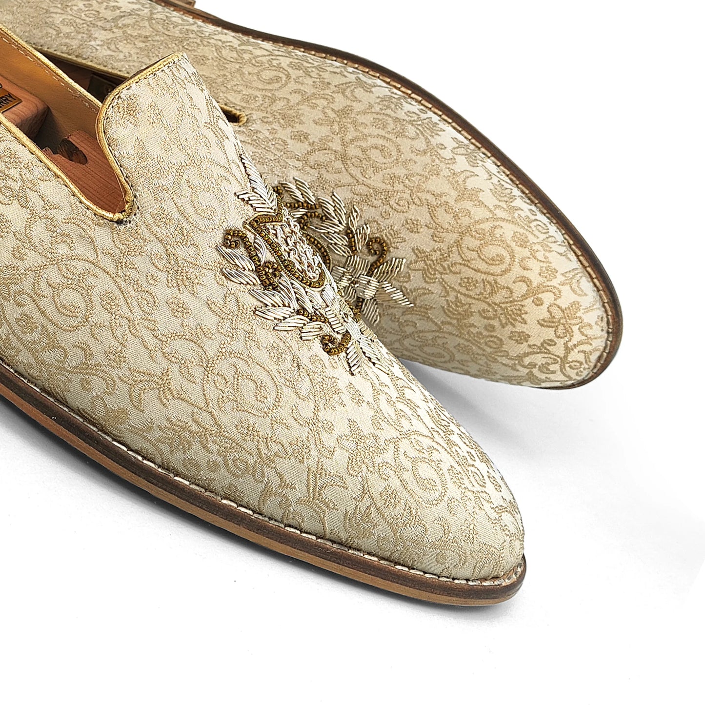 Beige Brocket Light Gold Zardozi Handwork Wedding Shoes Ethnic Loafers for Men