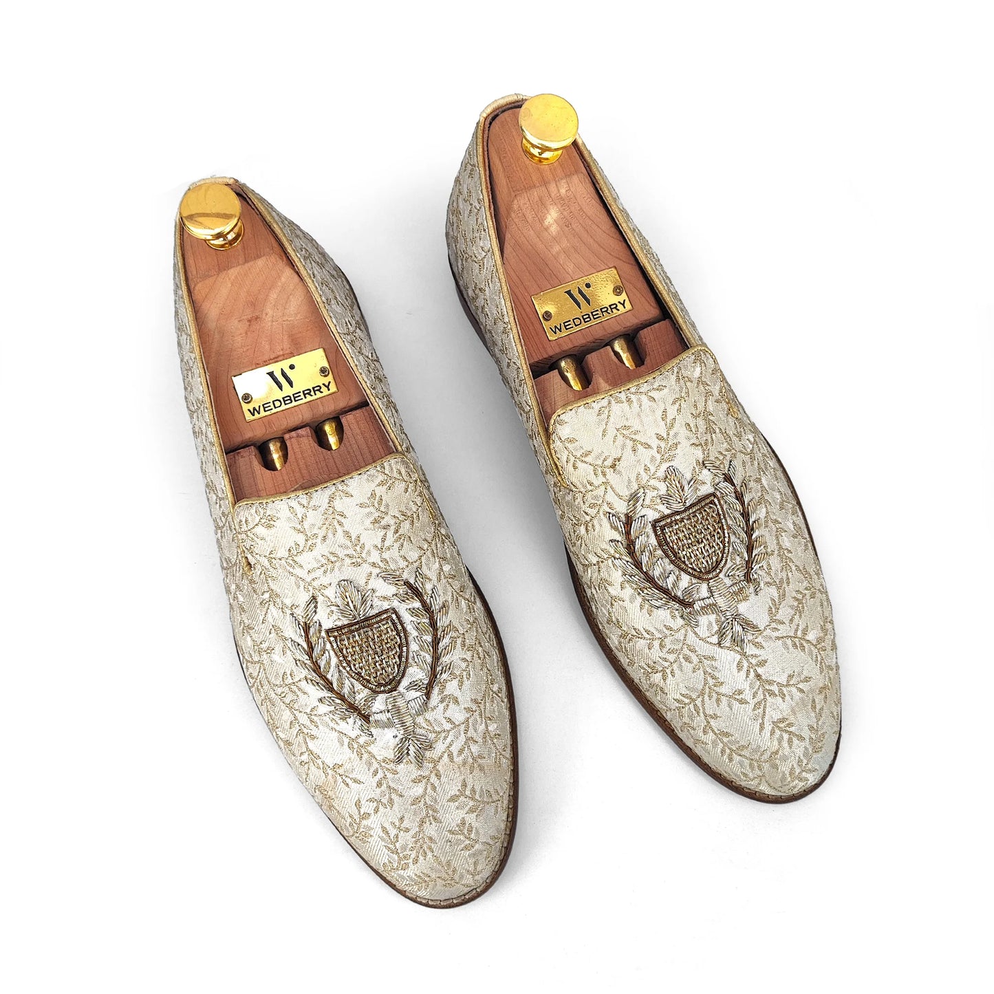 Beige Brocket Light Gold Zardozi Handwork Wedding Shoes Ethnic Loafers for Men
