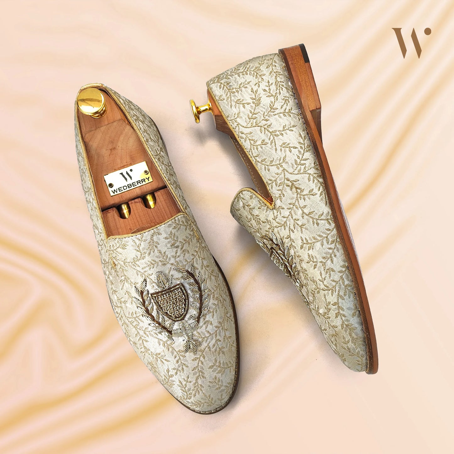 Beige Brocket Light Gold Zardozi Handwork Wedding Shoes Ethnic Loafers for Men