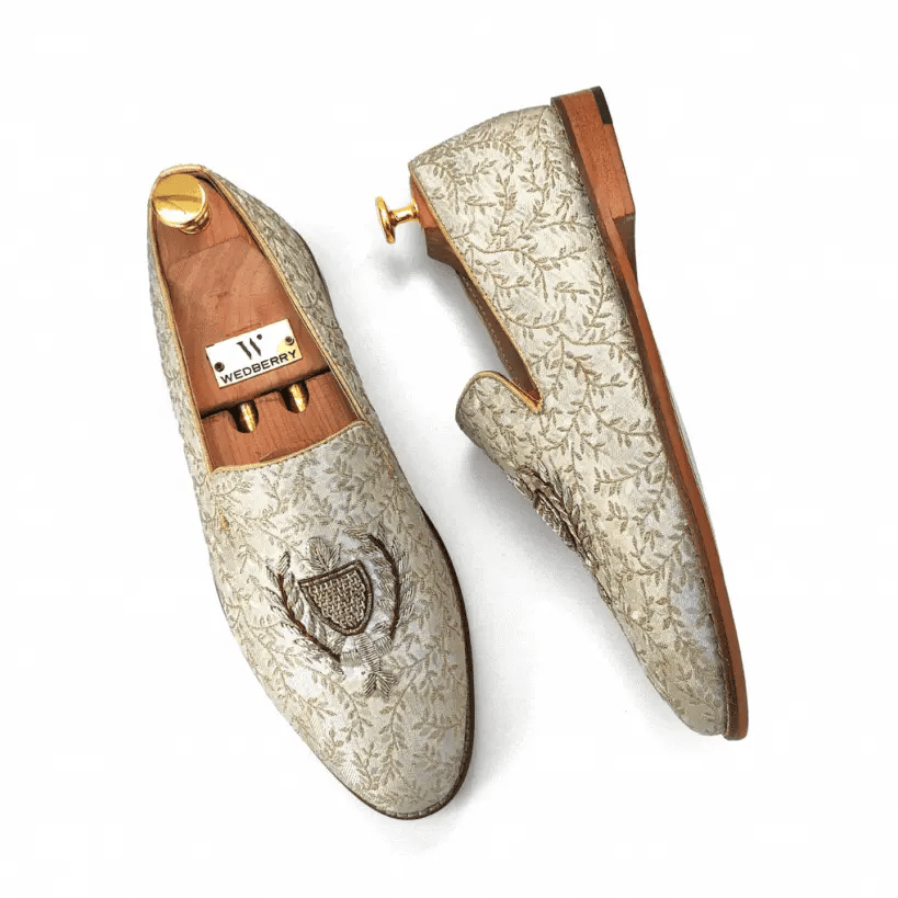 Beige Brocket Light Gold Zardozi Handwork Wedding Shoes Ethnic Loafers for Men