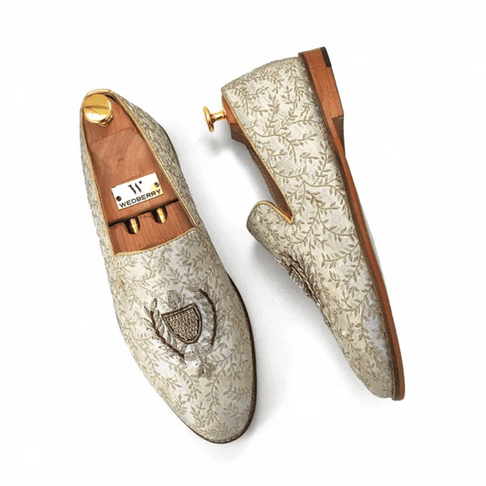 Beige Brocket Light Gold Zardozi Handwork Wedding Shoes Ethnic Loafers for Men
