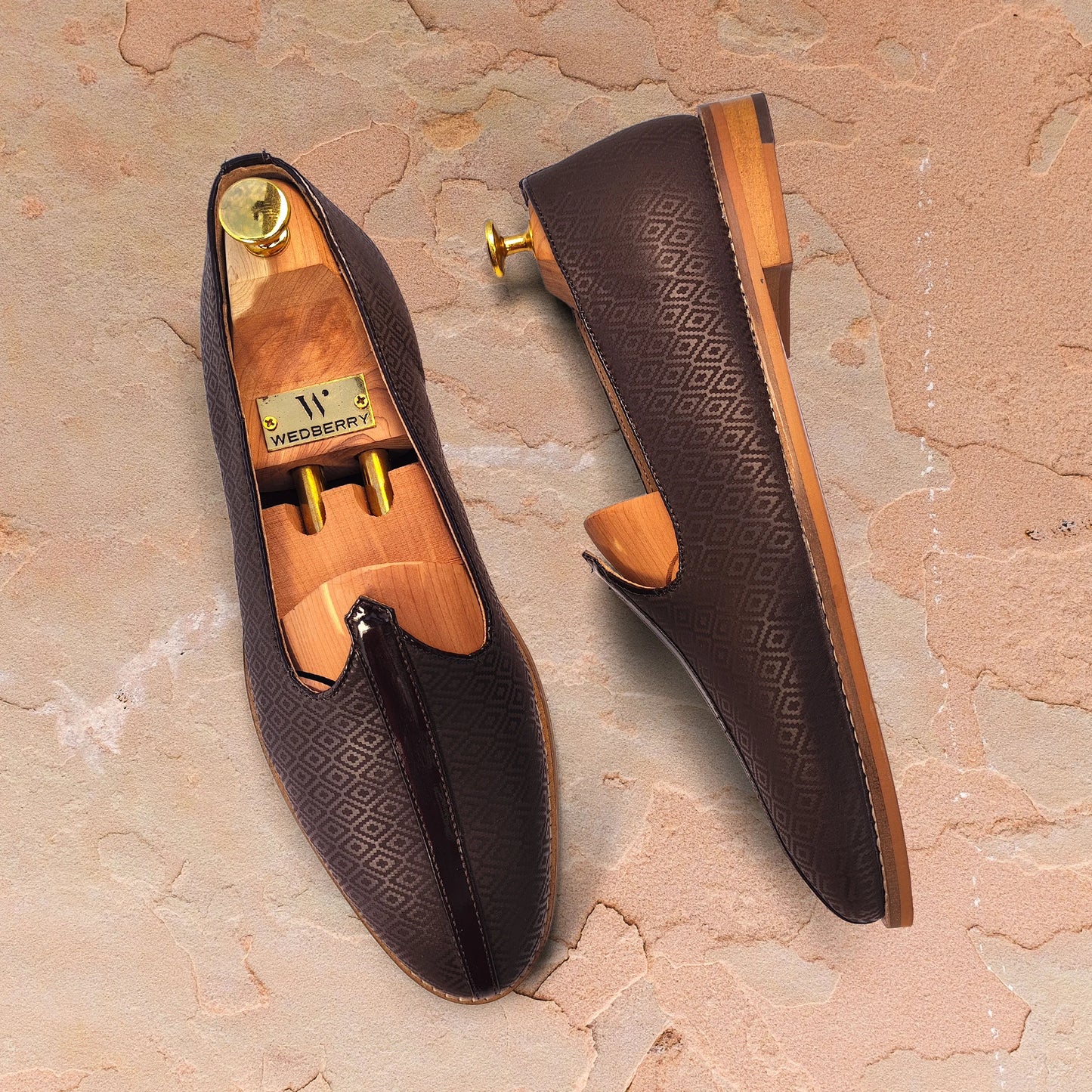 Brown Self Embossed Ethnic Wedding Mojari Slipon for Men