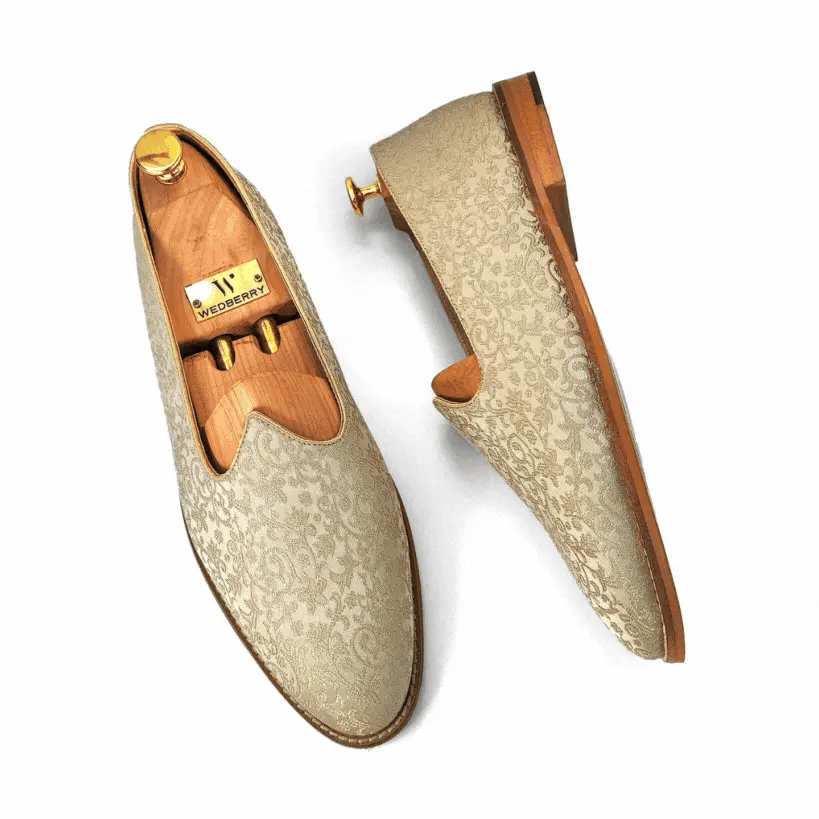 Beige Brocket Wedding Shoes Ethnic Moajri Nagra for Men