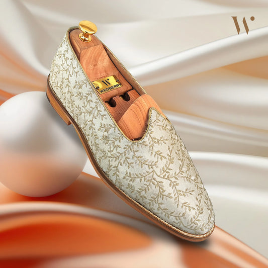 Beige Brocket Wedding Shoes Mojari Ethnic Moajri Nagra for Men