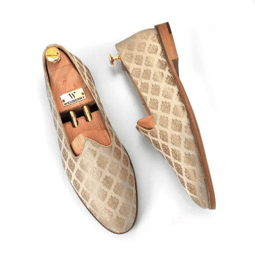 Beige Brocket Wedding Shoes Mojari Ethnic Moajri Nagra for Men
