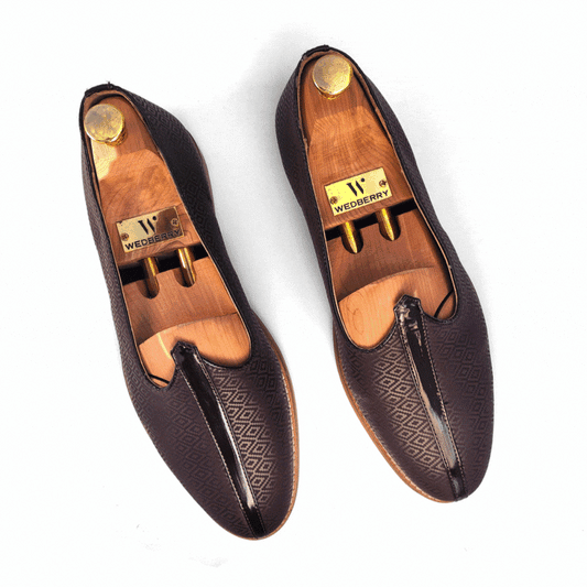 Brown Self Embossed Ethnic Wedding Mojari Slipon for Men