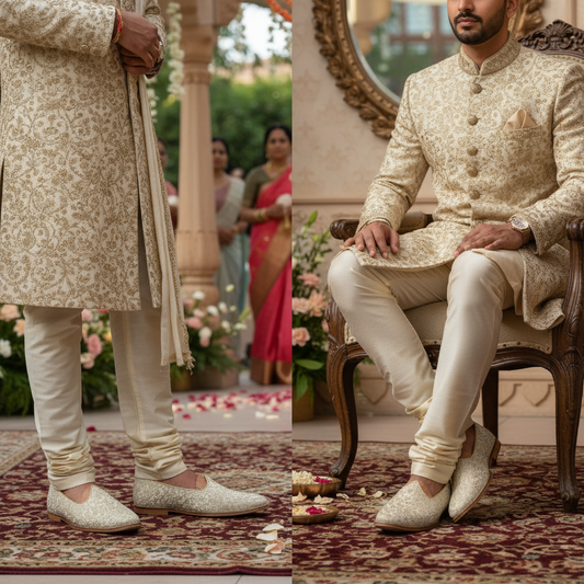 Beige Brocket Wedding Shoes Ethnic Moajri Nagra for Men