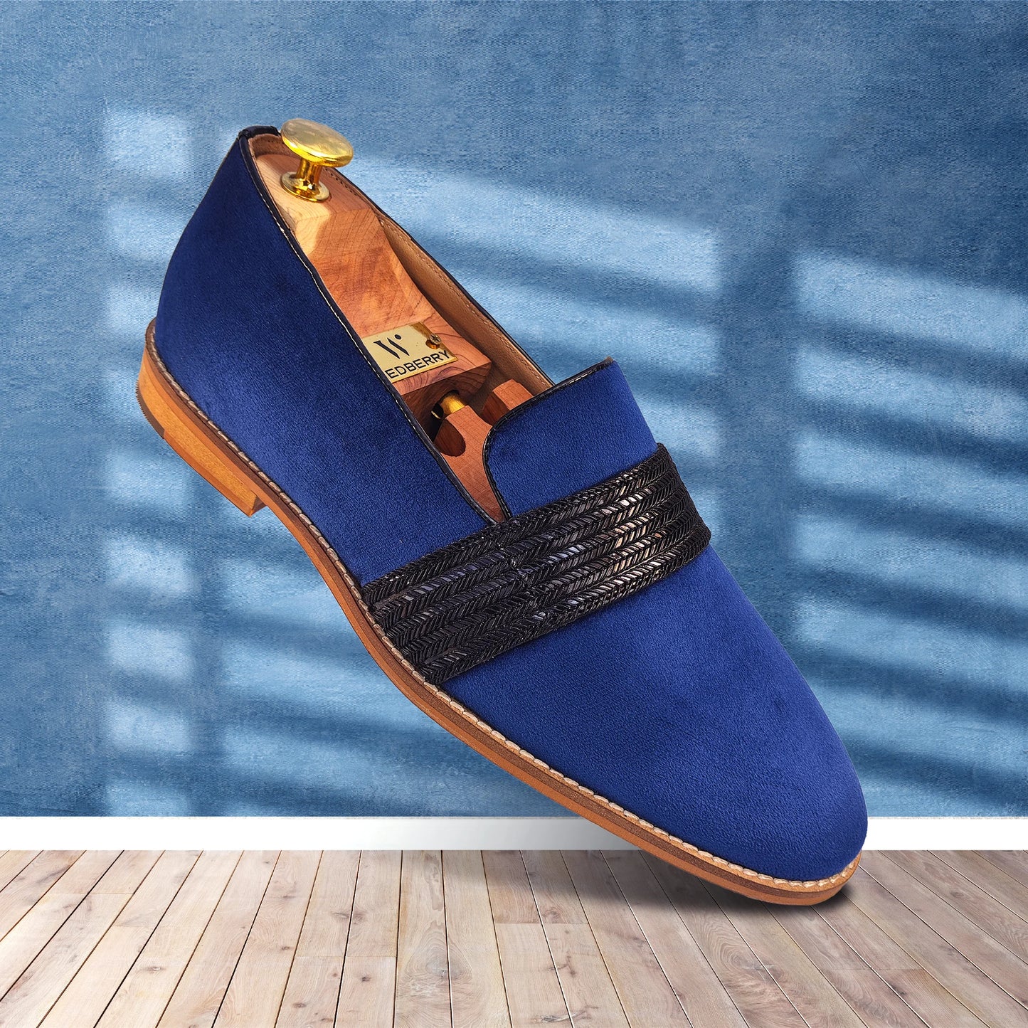 Navy Blue Velvet With Hugo Strap Ethnic Wedding Party Shoes Loafer for Men