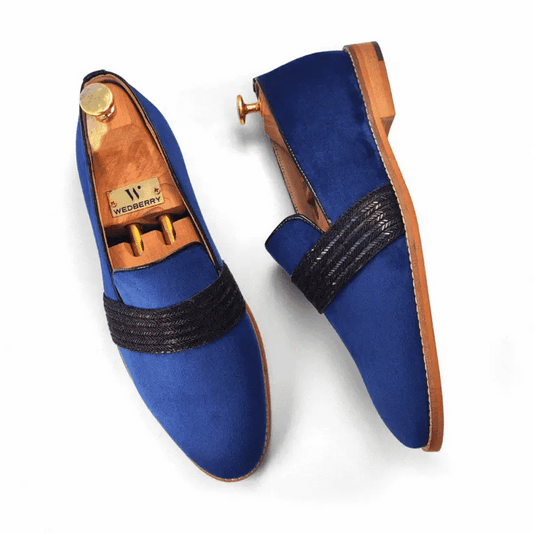 Navy Blue Velvet With Hugo Strap Ethnic Wedding Party Shoes Loafer for Men