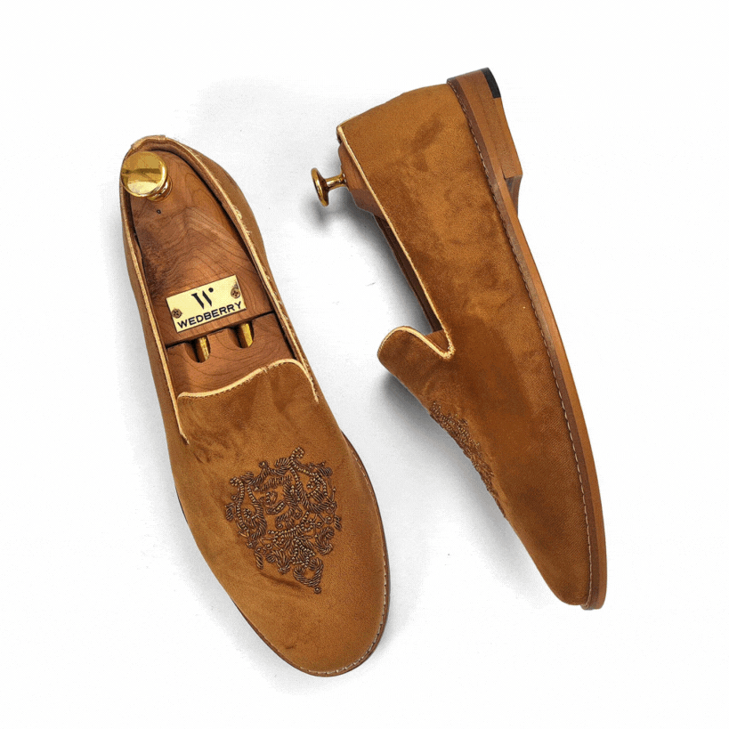 Tan Velvet Wedding Ethnic Party Shoes Loafer for Men