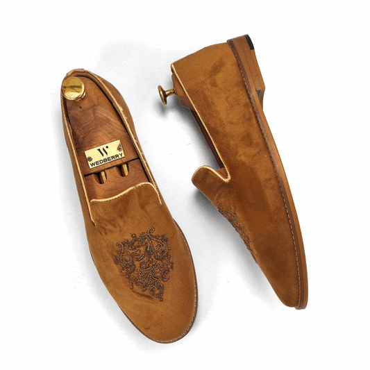 Tan Velvet Wedding Ethnic Party Shoes Loafer for Men