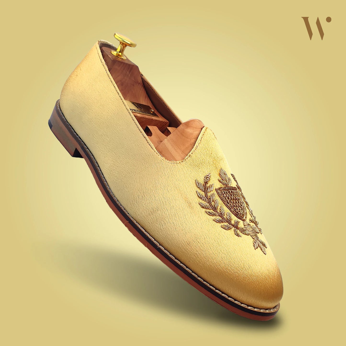 Gold Satin Zardozi Handwork Nagra Slipon Mojri for Men