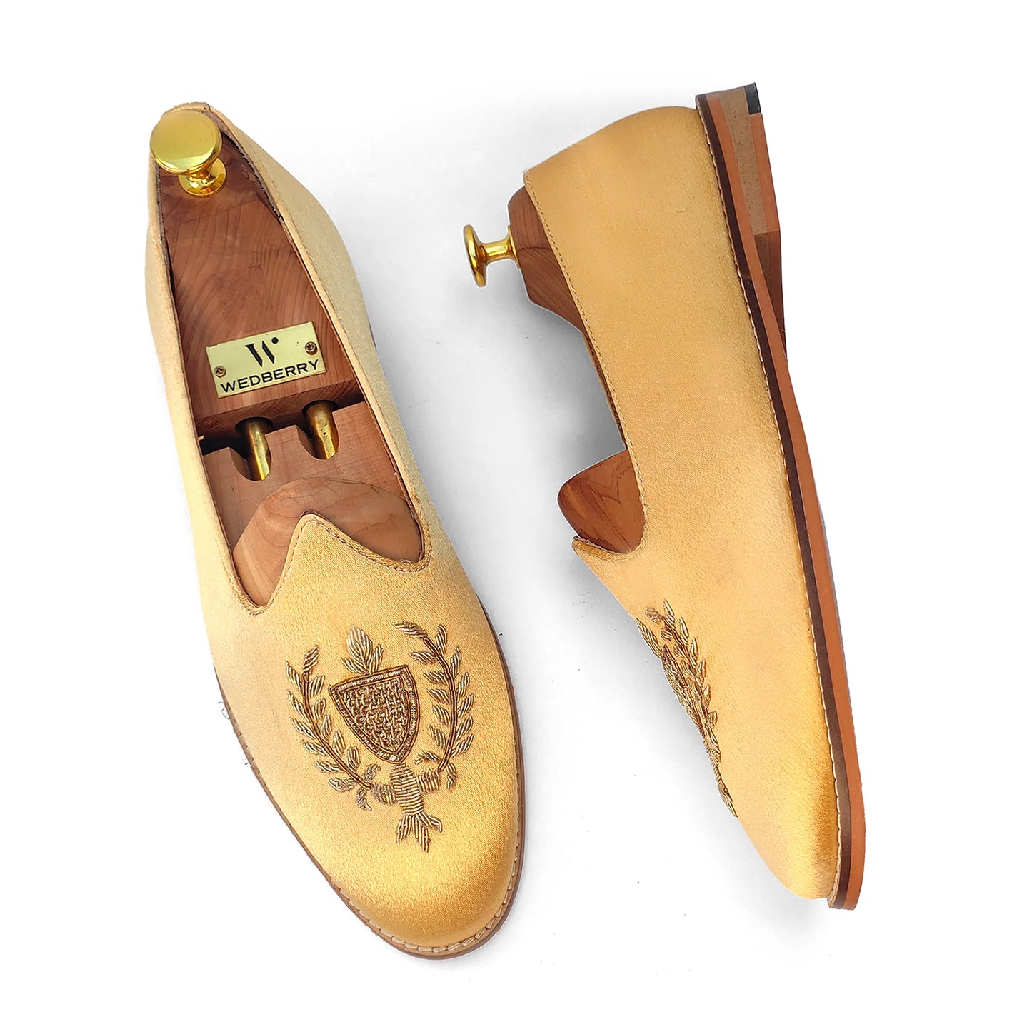 Gold Satin Zardozi Handwork Nagra Slipon Mojri for Men