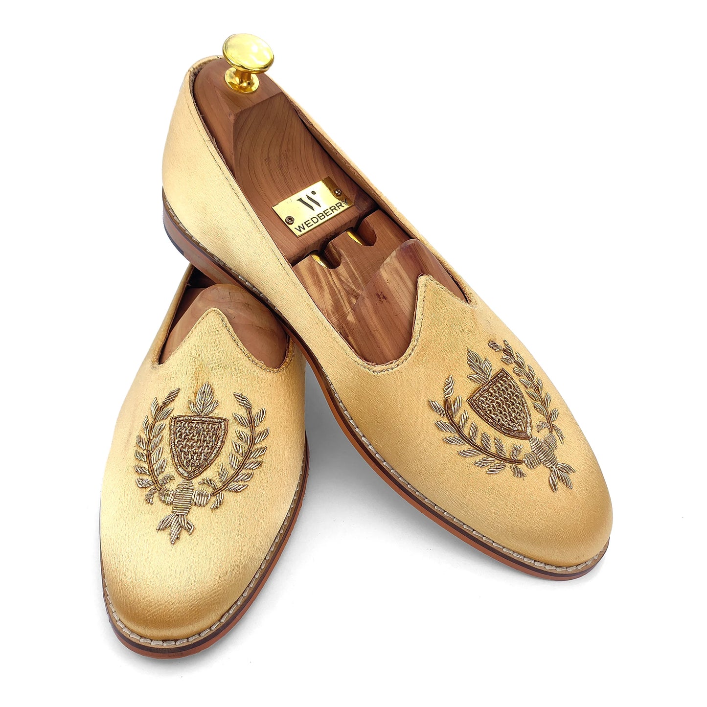 Gold Satin Zardozi Handwork Nagra Slipon Mojri for Men