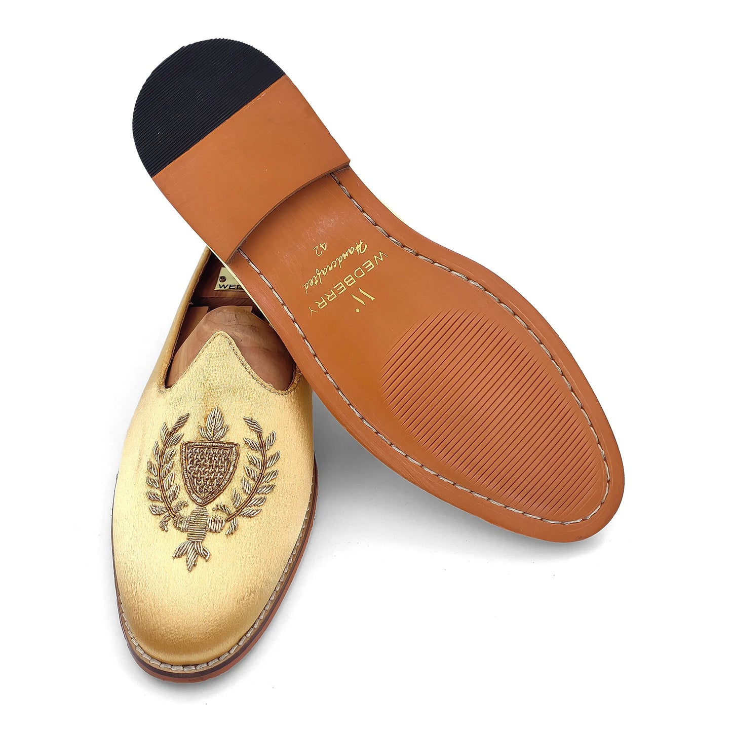 Gold Satin Zardozi Handwork Nagra Slipon Mojri for Men