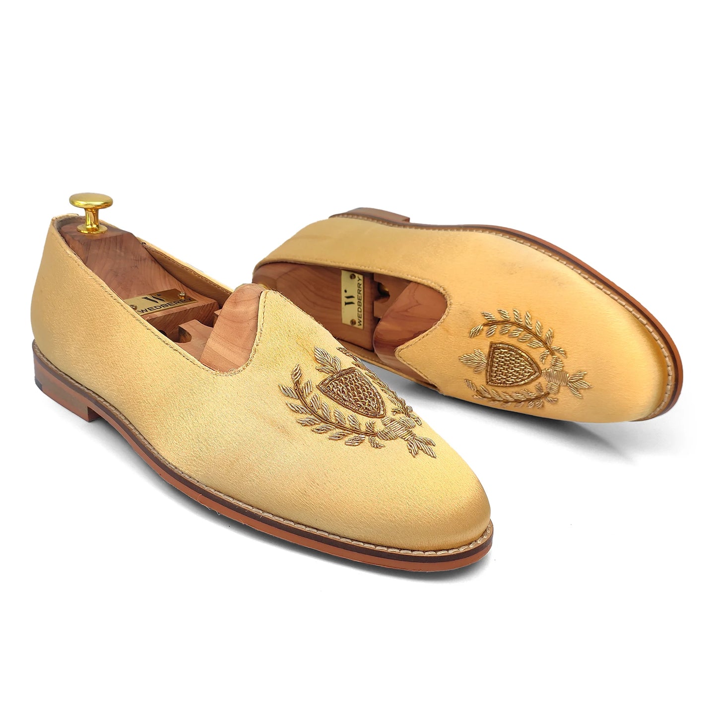 Gold Satin Zardozi Handwork Nagra Slipon Mojri for Men