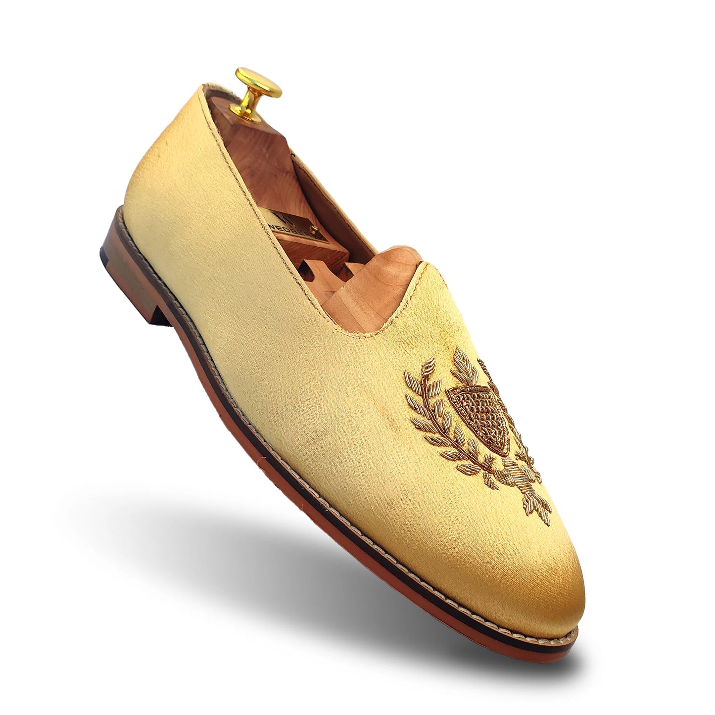 Gold Satin Zardozi Handwork Nagra Slipon Mojri for Men