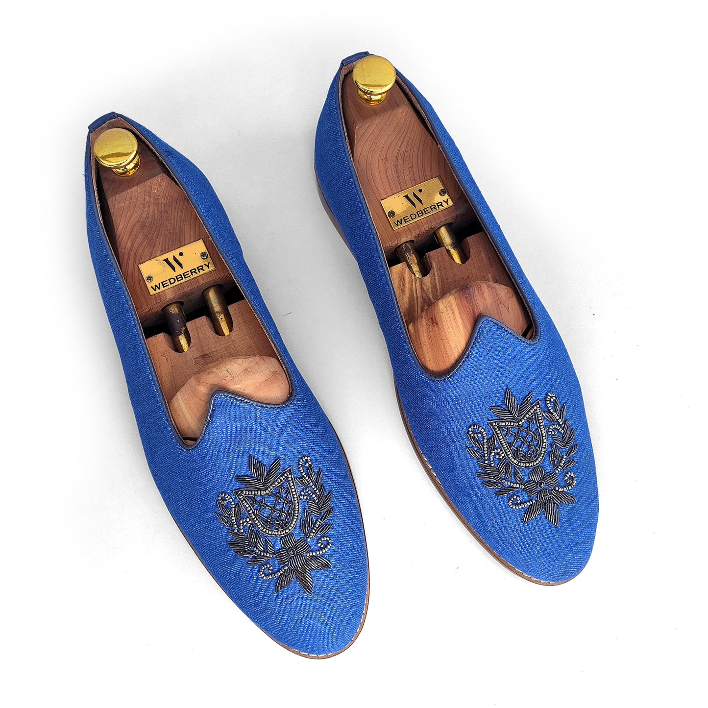 Authentic Denim with Gun Metal Zardozi Handwork Ethnic Wedding Mojari Loafer Shoes for Men