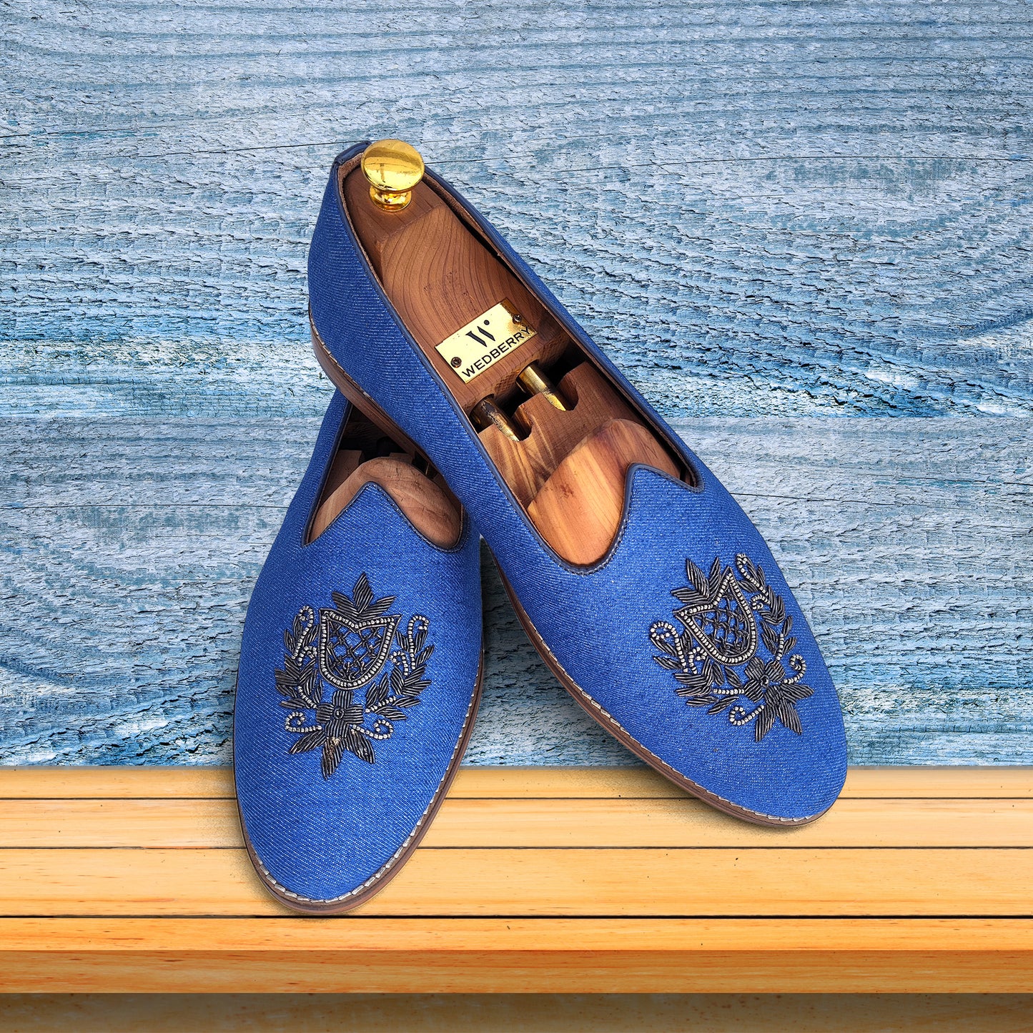 Authentic Denim with Gun Metal Zardozi Handwork Ethnic Wedding Mojari Loafer Shoes for Men