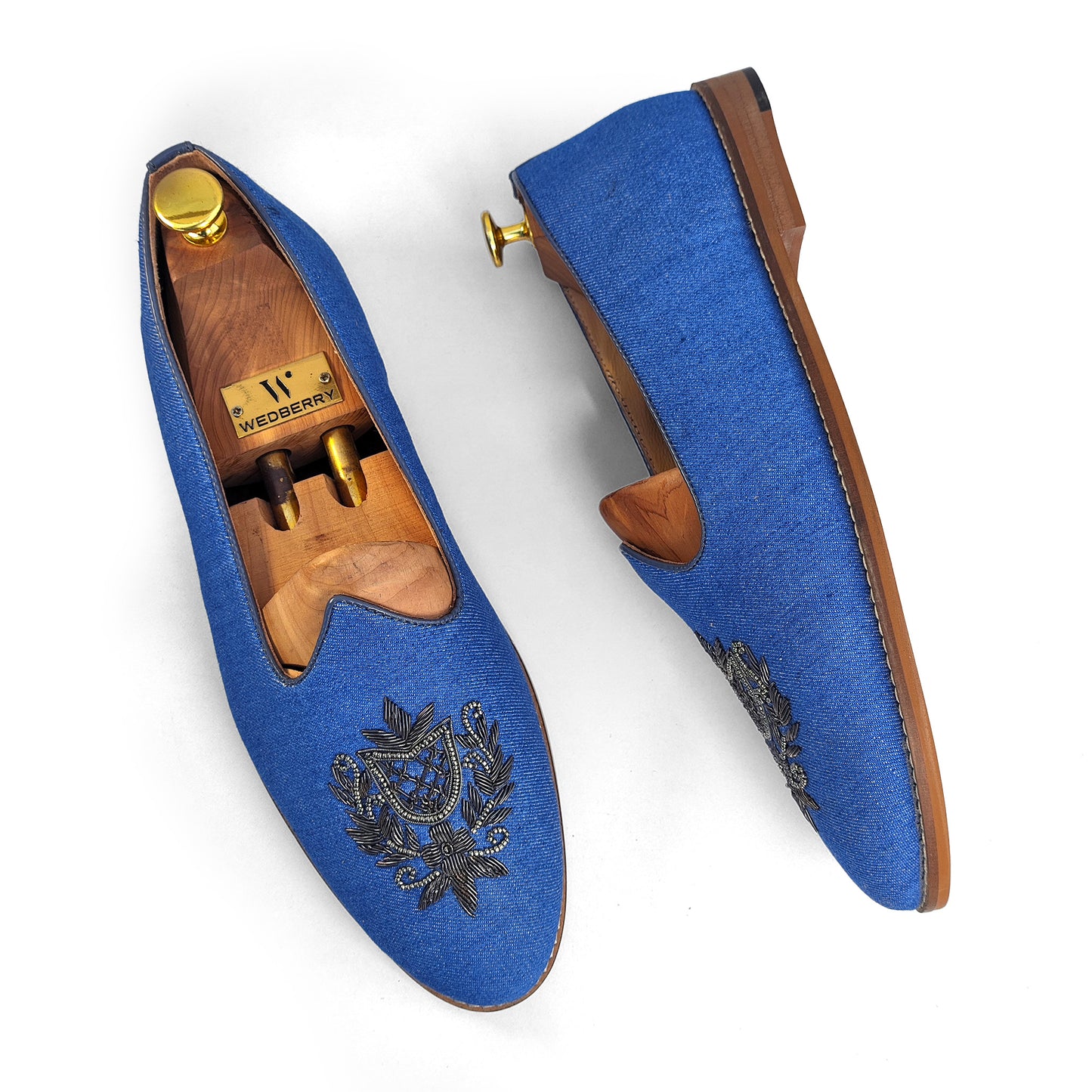 Authentic Denim with Gun Metal Zardozi Handwork Ethnic Wedding Mojari Loafer Shoes for Men