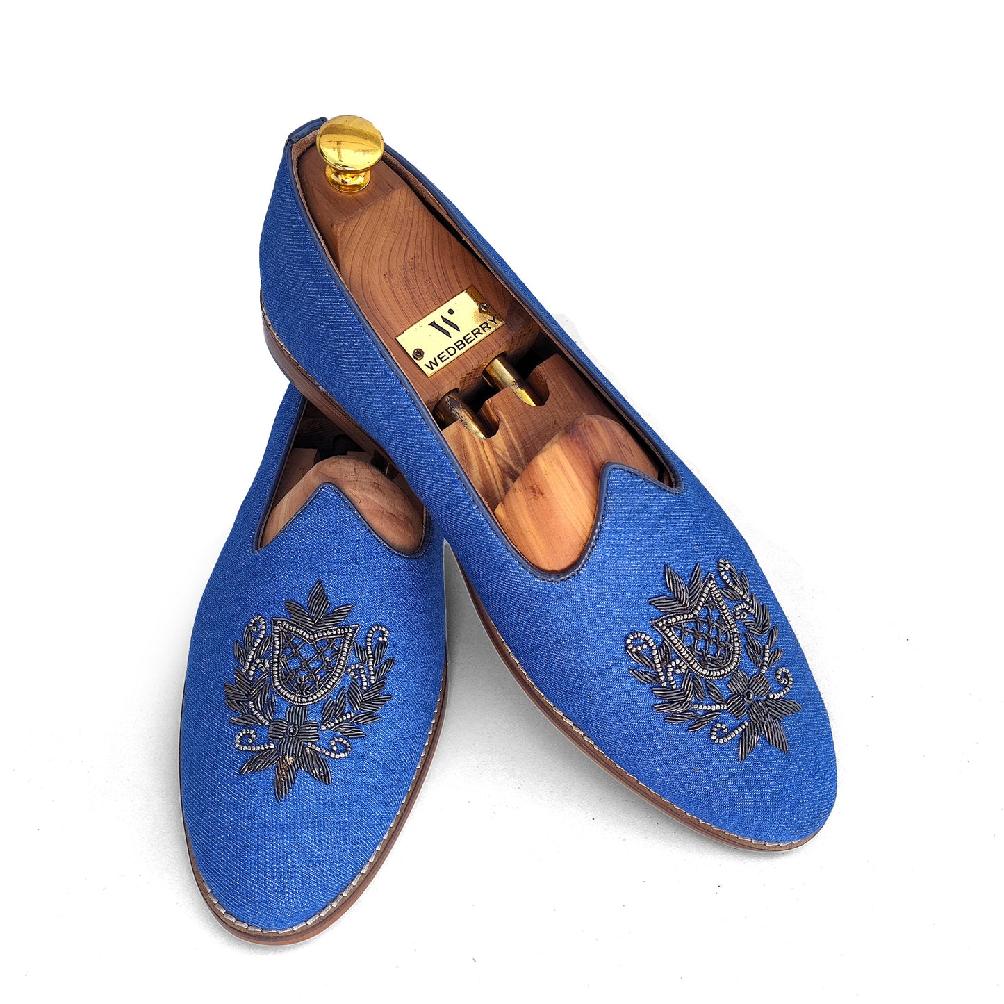 Authentic Denim with Gun Metal Zardozi Handwork Ethnic Wedding Mojari Loafer Shoes for Men