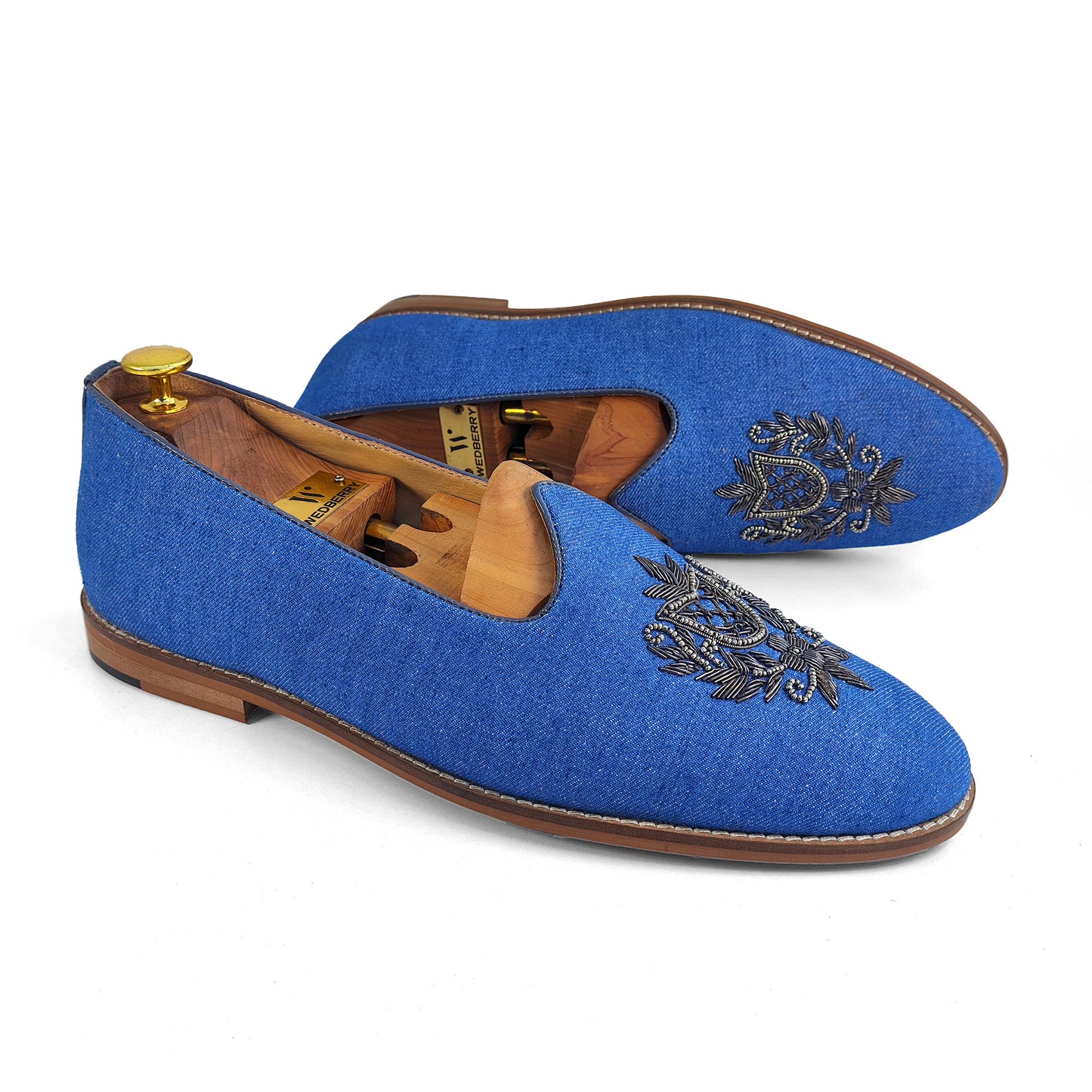 Authentic Denim with Gun Metal Zardozi Handwork Ethnic Wedding Mojari Loafer Shoes for Men