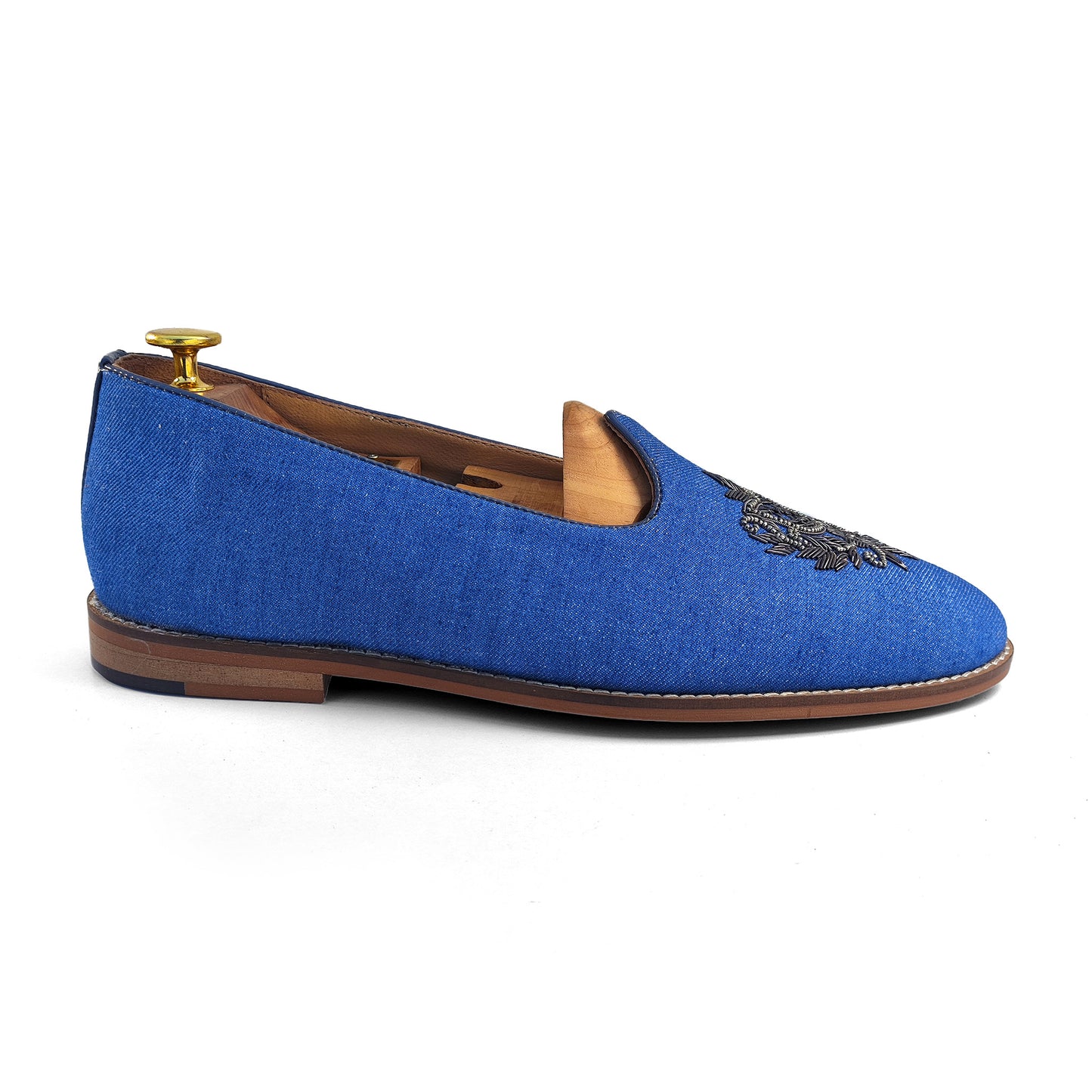 Authentic Denim with Gun Metal Zardozi Handwork Ethnic Wedding Mojari Loafer Shoes for Men