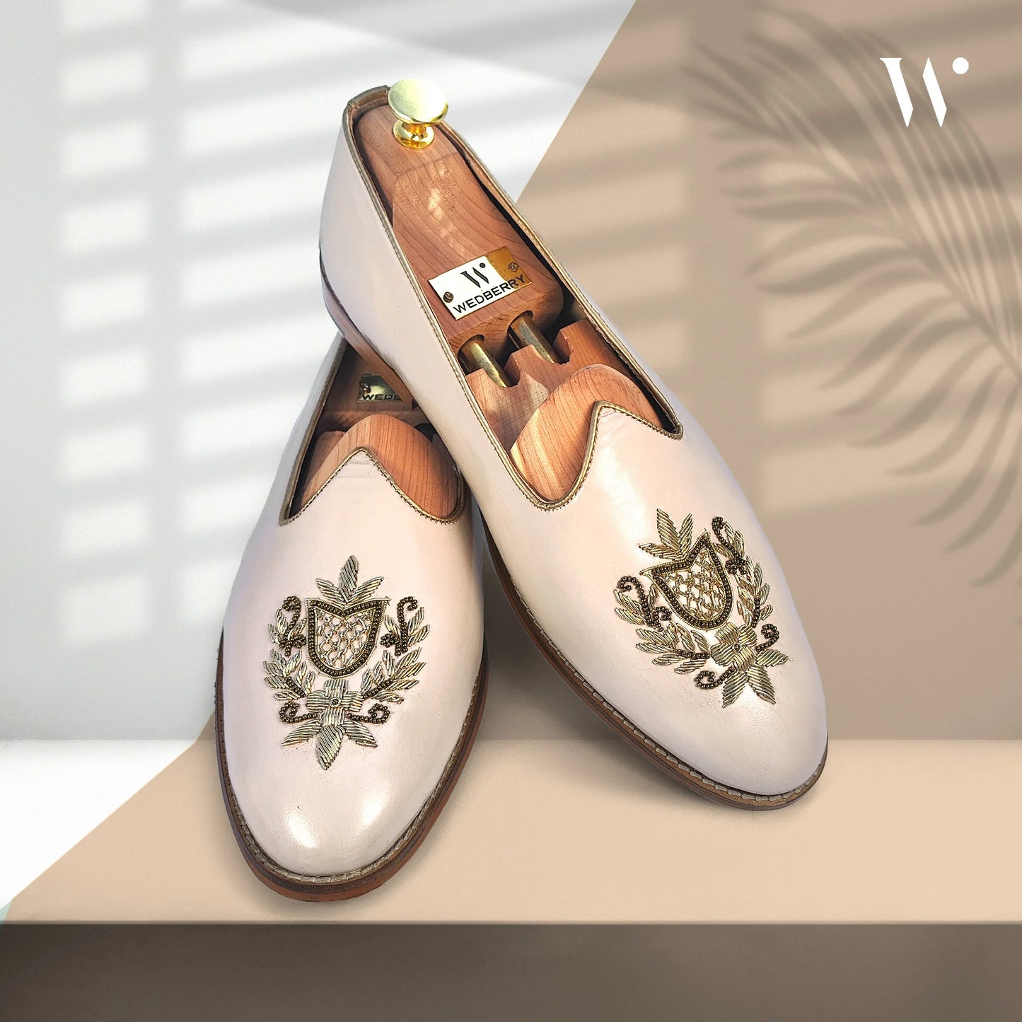 Light Creme Light Gold Zardozi Handwork Wedding Shoes Ethnic Mojari for Men